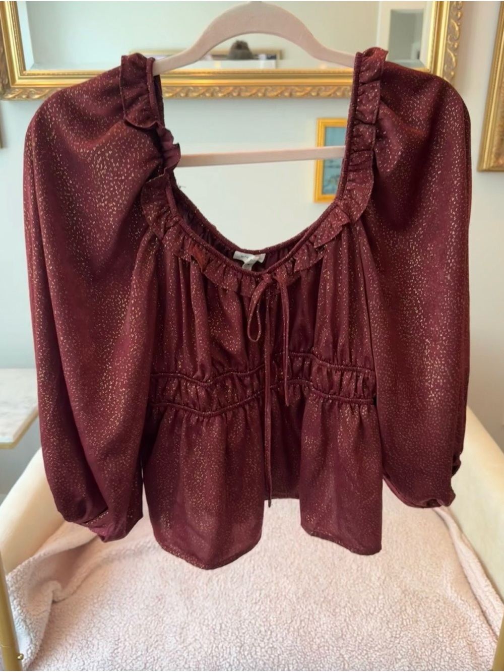 Blu Pepper Burgundy Gold Glitter Peasant Top